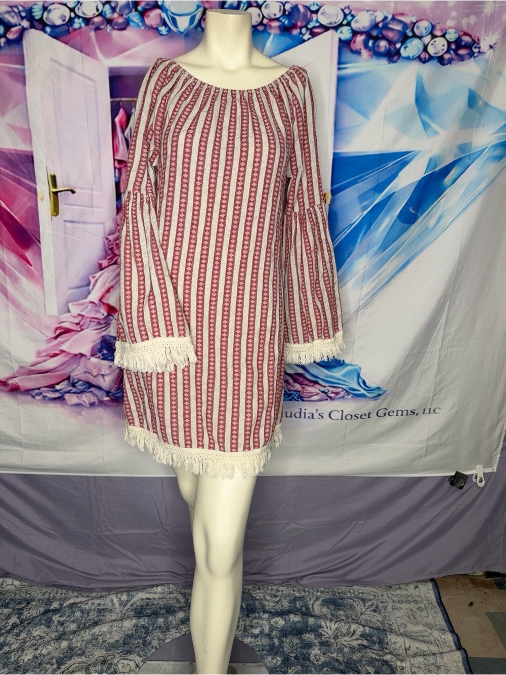 Velzera Red and White Striped Fringe  Mini Dress